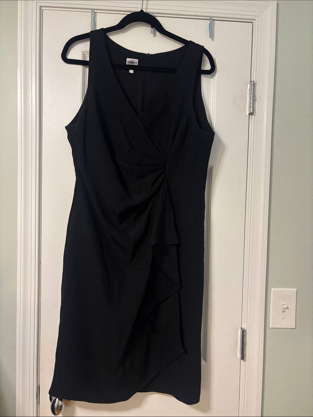 Armani Black Sleeveless V-Neck Sheath Dress with Side Ruching